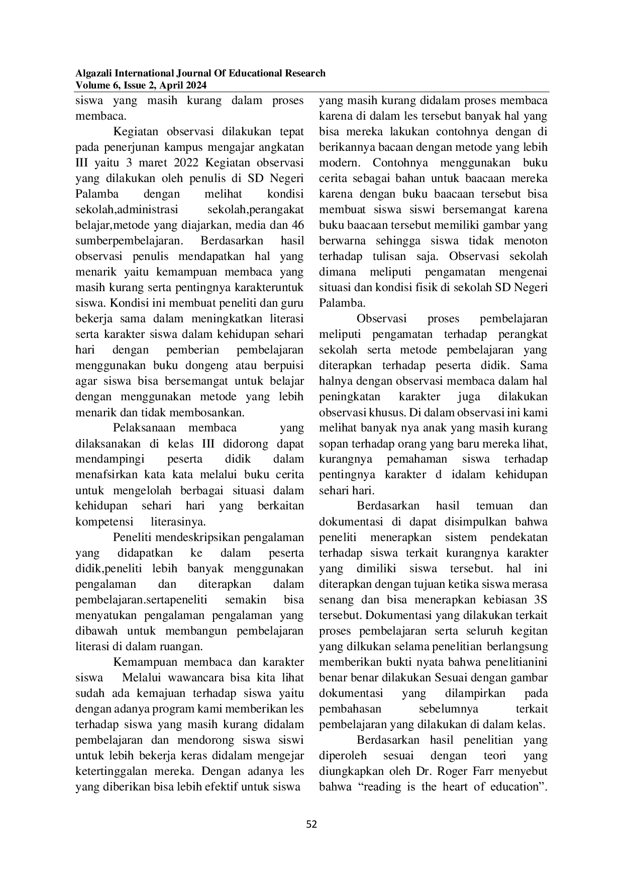 JURIS Kemampuan Membaca dan Karakter Siswa Kelas III di SD Negeri Palamba Langowan Selatan