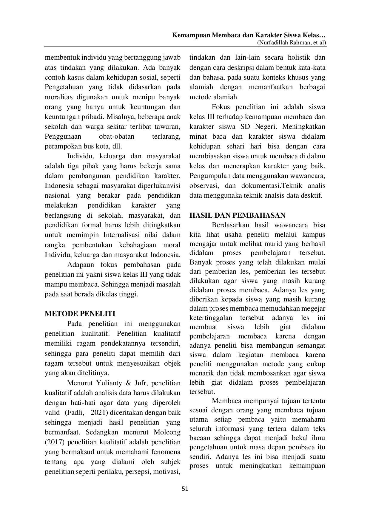 JURIS Kemampuan Membaca dan Karakter Siswa Kelas III di SD Negeri Palamba Langowan Selatan