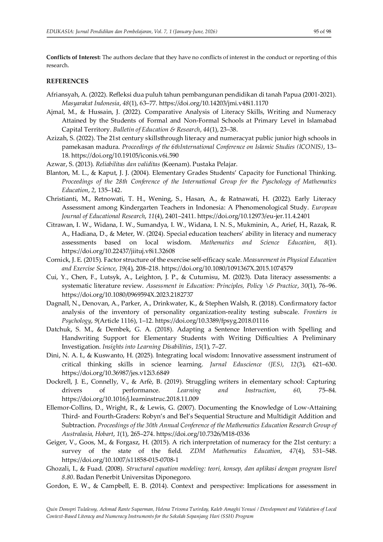JURIS Development and Validation of Local Context Based Literacy and Numeracy Instruments for the Sekolah Sepanjang Hari SSH Program