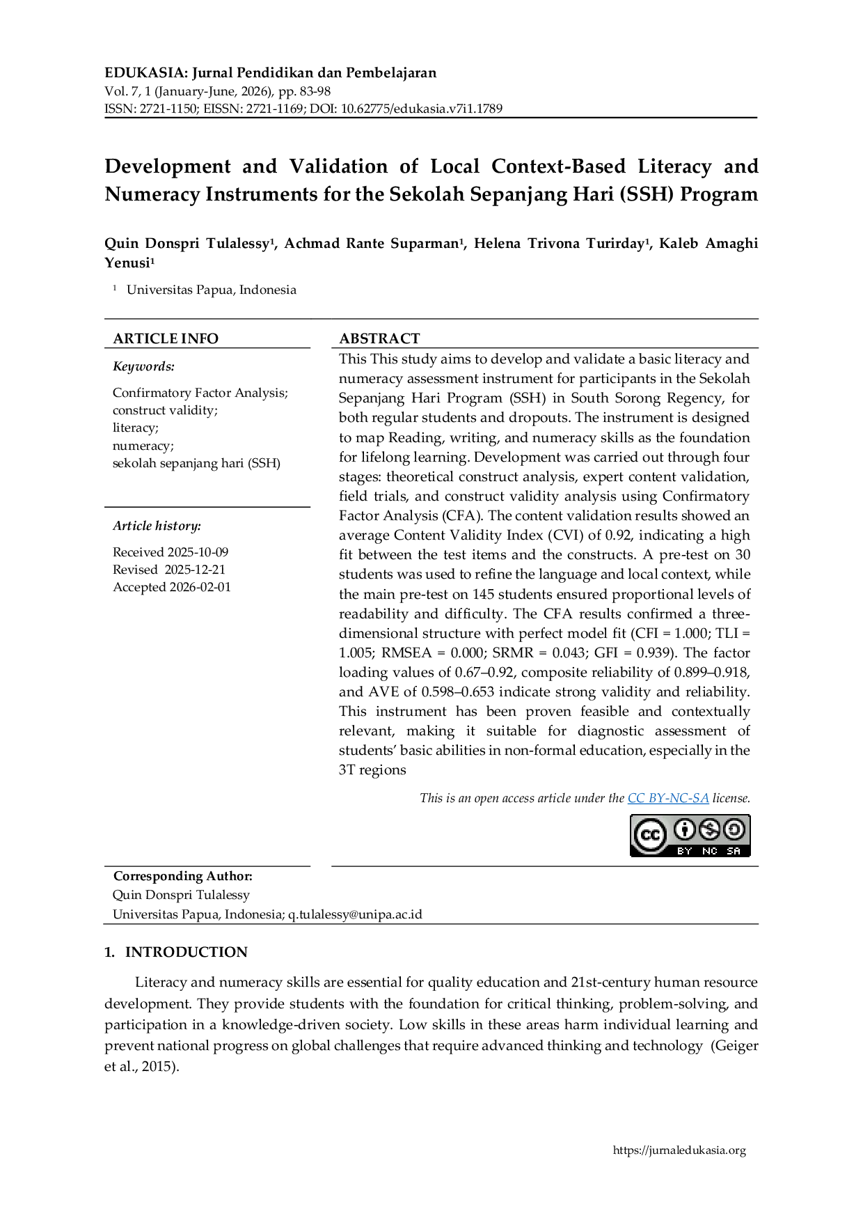 JURIS Development and Validation of Local Context Based Literacy and Numeracy Instruments for the Sekolah Sepanjang Hari SSH Program