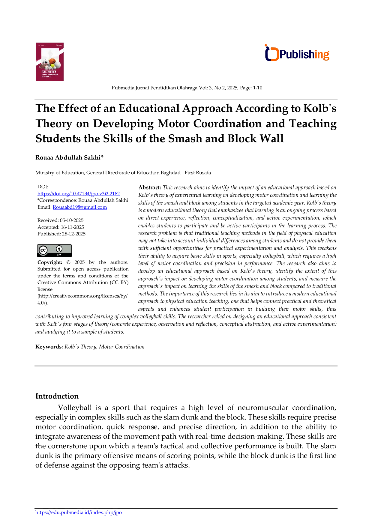 JURIS The Effect of an Educational Approach According to Kolb s Theory on Developing Motor Coordination and Teaching Students the Skills of the Smash and Block Wall