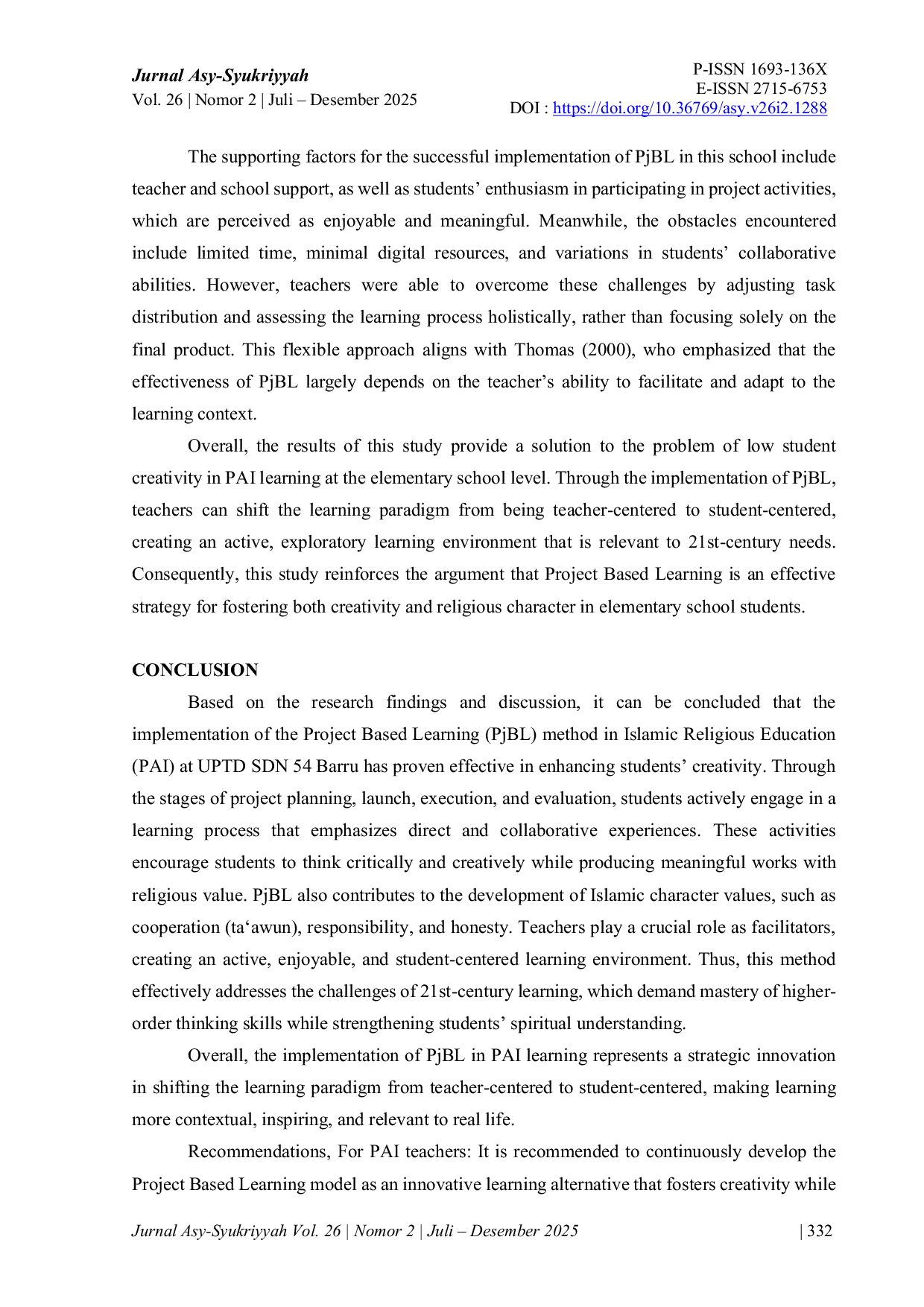 JURIS Improving Students Creativity at UPTD SDN 54 Barru Using the Islamic Education Learning PAI Project Based Learning PJBL Method