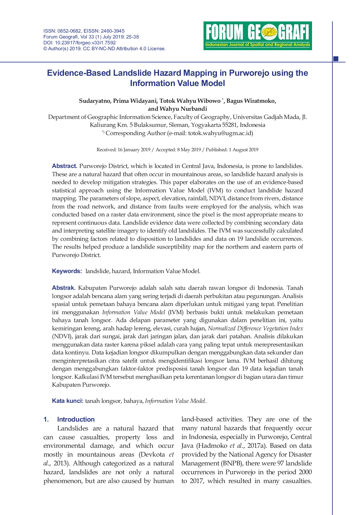 JURIS Evidence Based Landslide Hazard Mapping in Purworejo using Information Value Model Approach