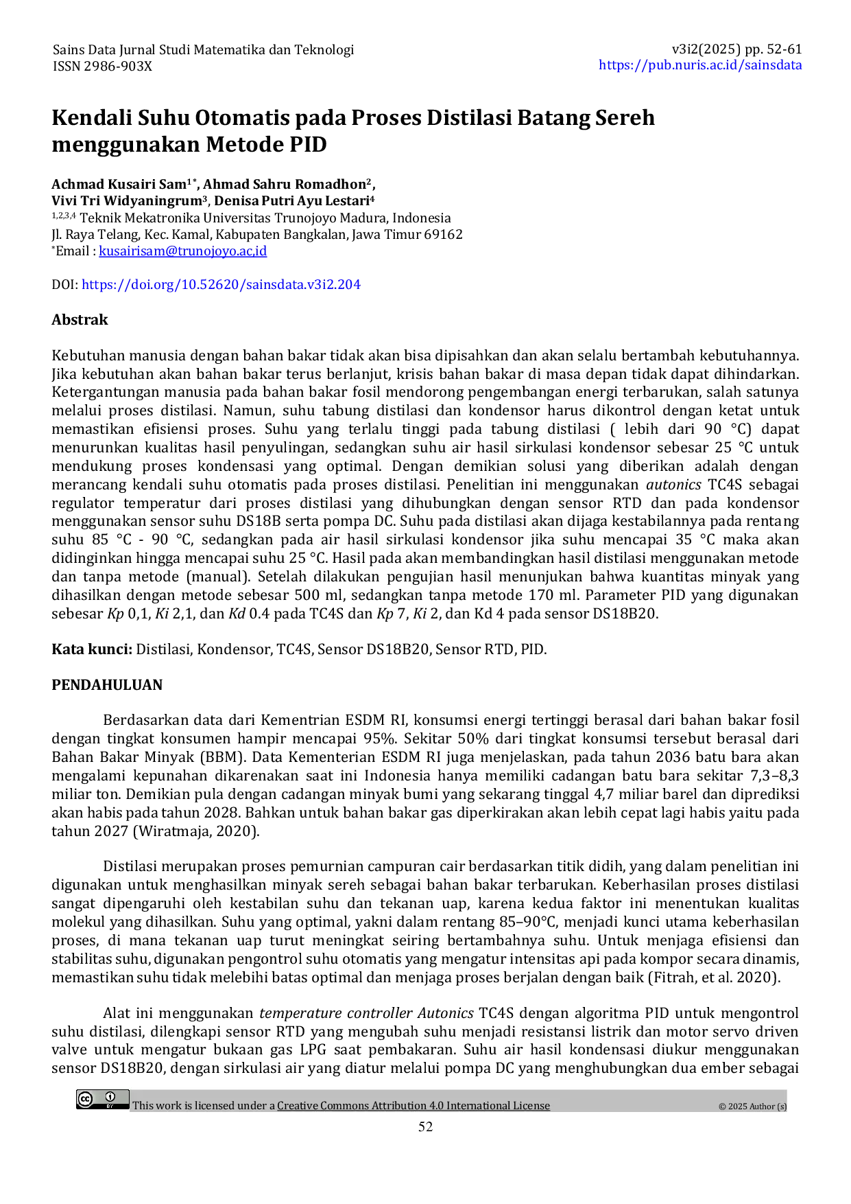 JURIS Kendali Suhu Otomatis pada Proses Distilasi Batang Sereh menggunakan Metode PID