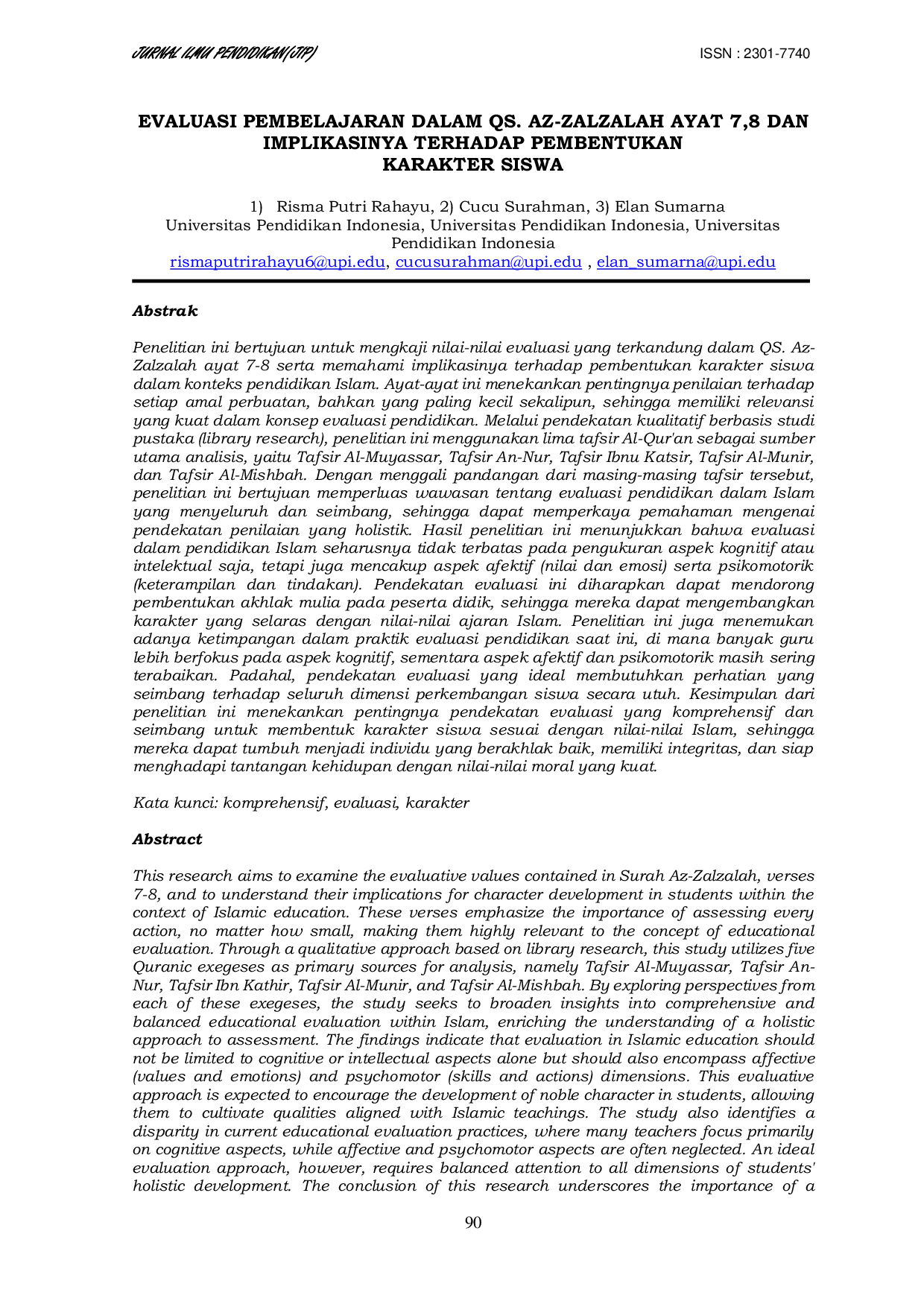 JURIS Evaluation of Learning in Surah Az Zalzalah Verses 7 8 and Its Implications for Student Character Formation