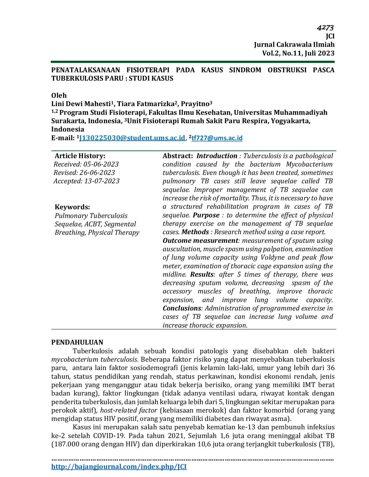 JURIS Penatalaksanaan Fisioterapi Pada Kasus Sindrom Obstruksi Pasca Tuberkulosis Paru Studi Kasus