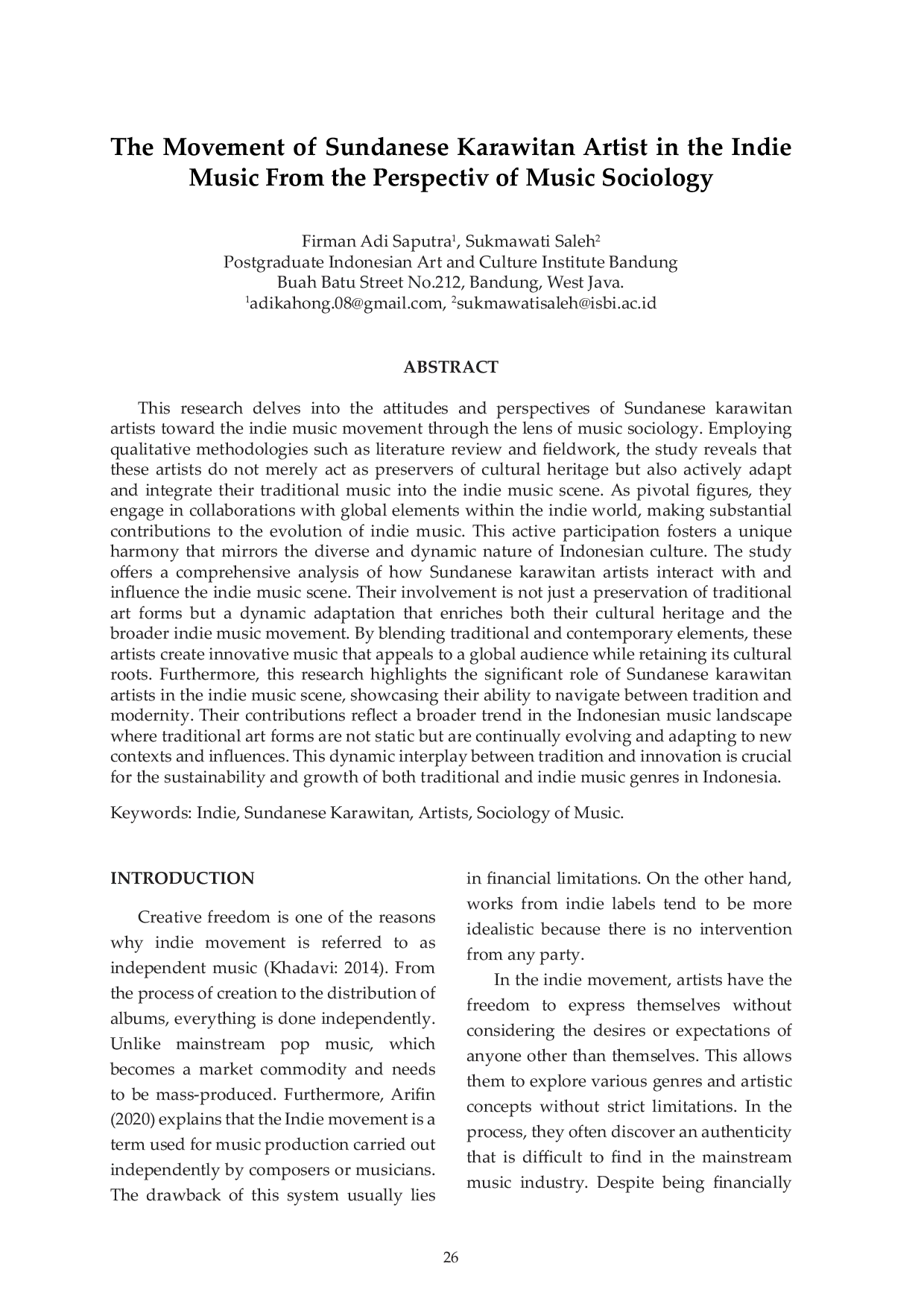 JURIS The Movement of Sundanese Karawitan Artist in the Indie Music From the Perspectiv of Music Sociology