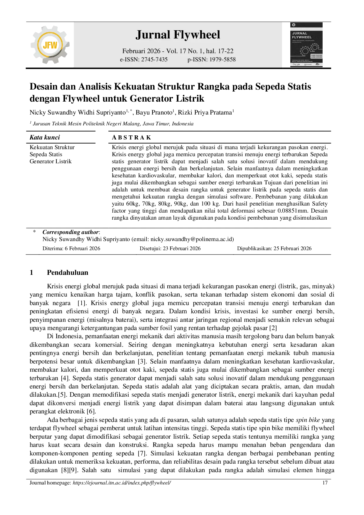 JURIS Desain dan Analisis Kekuatan Struktur Rangka pada Sepeda Statis dengan Flywheel untuk Generator Listrik