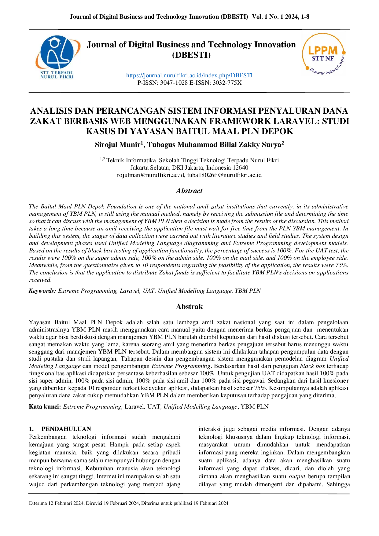 JURIS Analisis dan Perancangan Sistem Informasi Penyaluran Dana Zakat berbasis Web menggunakan Framework Laravel Studi Kasus di Yayasan Baitul Maal PLN Depok