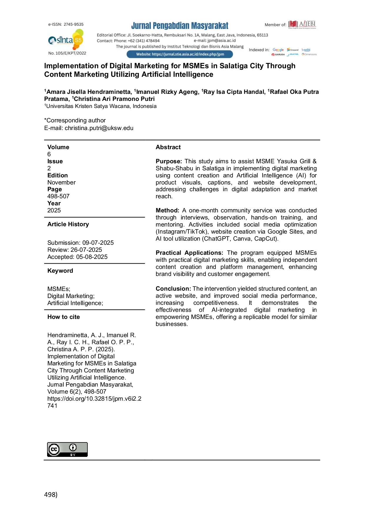 JURIS Implementation of Digital Marketing for MSMEs in Salatiga City Through Content Marketing Utilizing Artificial Intelligence