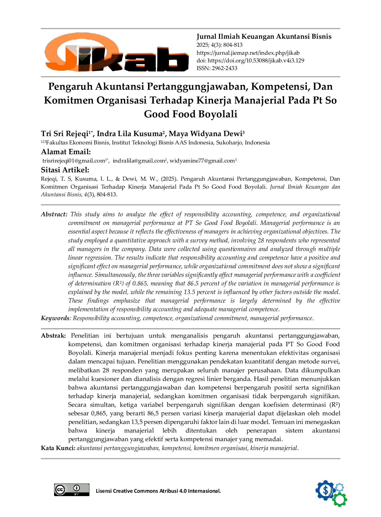 JURIS Pengaruh Akuntansi Pertanggungjawaban Kompetensi Dan Komitmen Organisasi Terhadap Kinerja Manajerial Pada Pt So Good Food Boyolali
