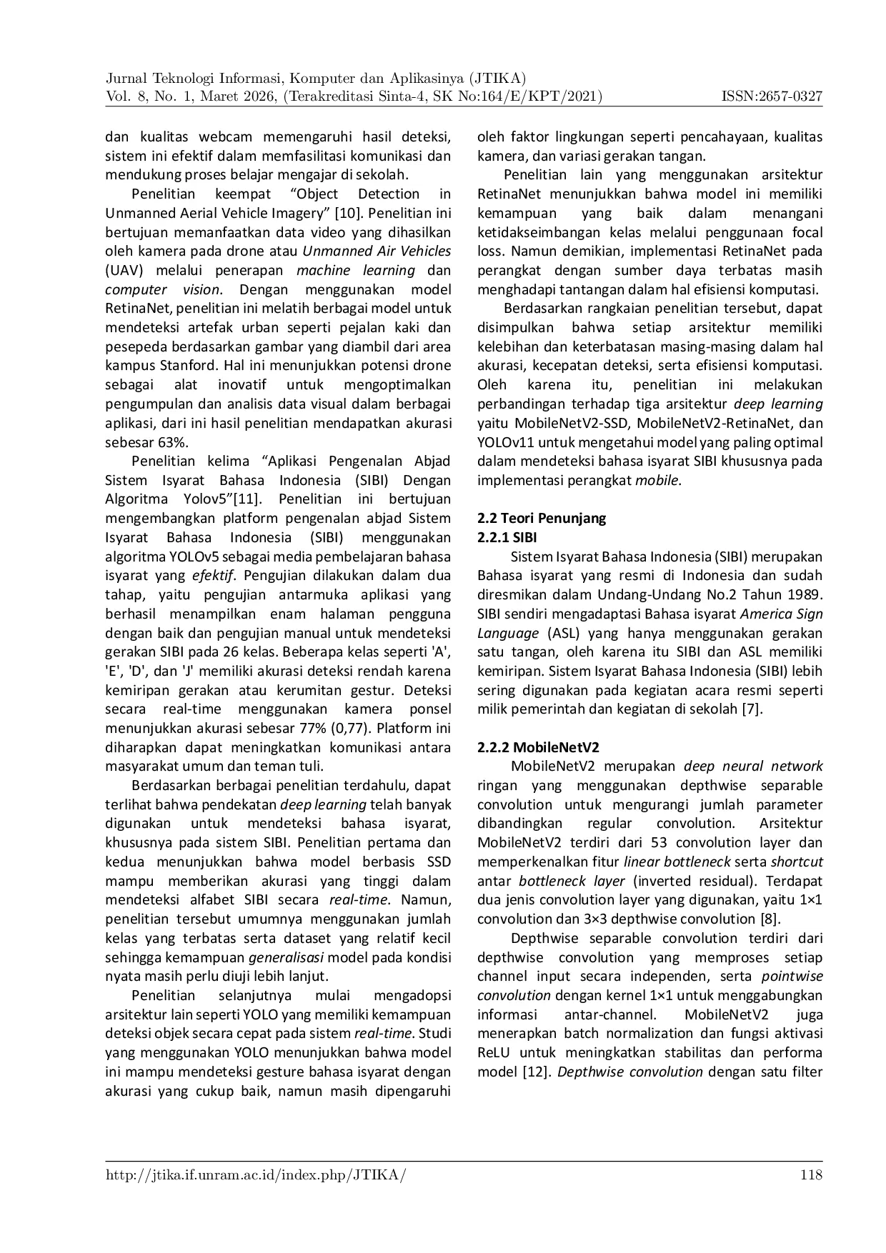 JURIS Perbandingan Model Deep Learning untuk Penerjemahan Bahasa Isyarat Sibi Berbasis Mobile