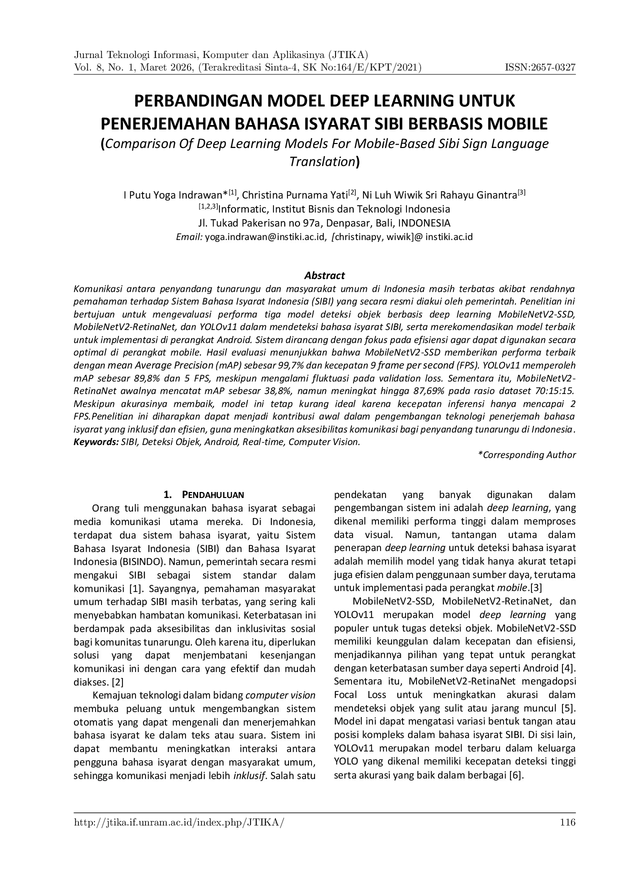 JURIS Perbandingan Model Deep Learning untuk Penerjemahan Bahasa Isyarat Sibi Berbasis Mobile