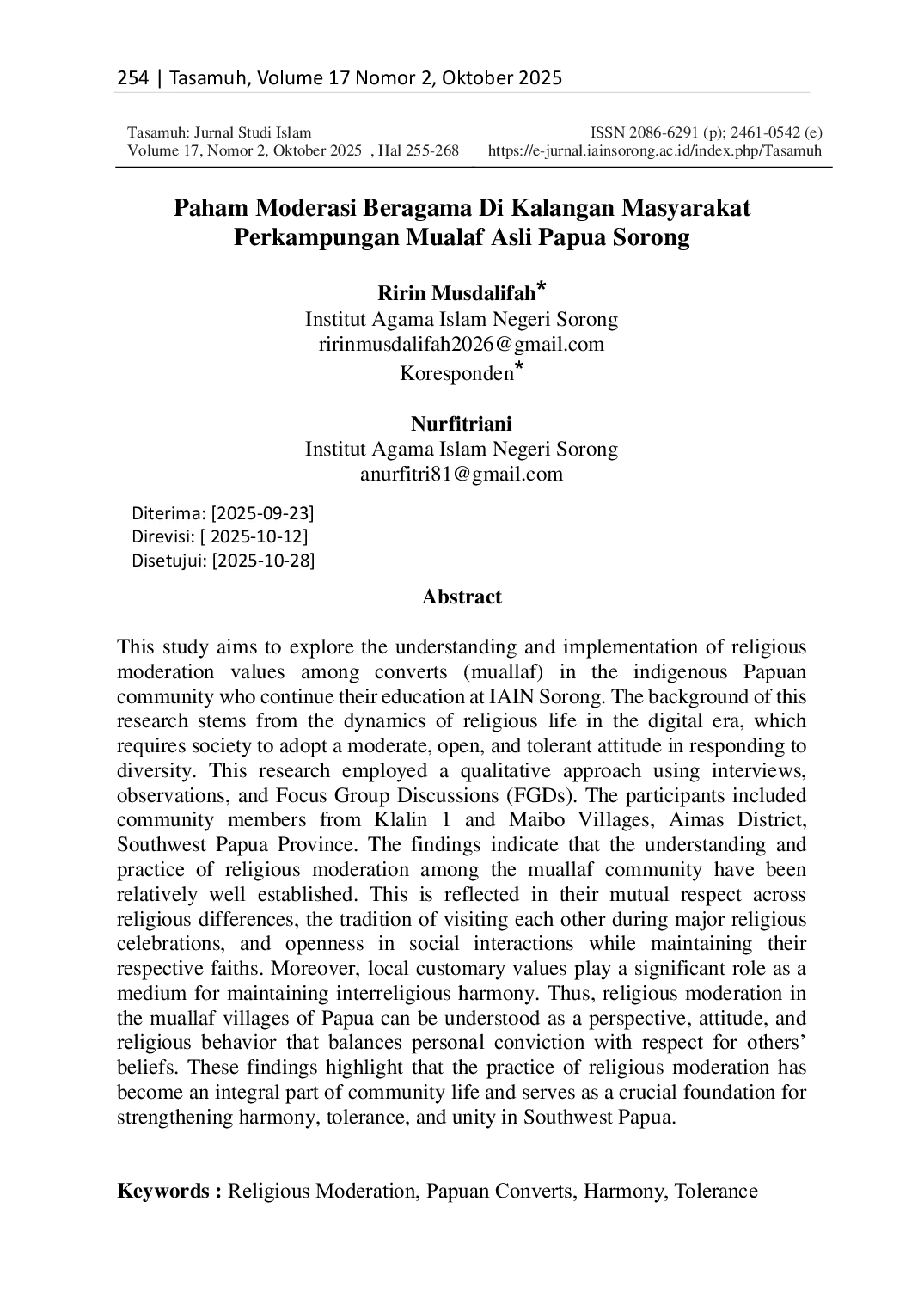 JURIS Paham Moderasi Beragama Di Kalangan Masyarakat Perkampungan Mualaf Asli Papua Sorong