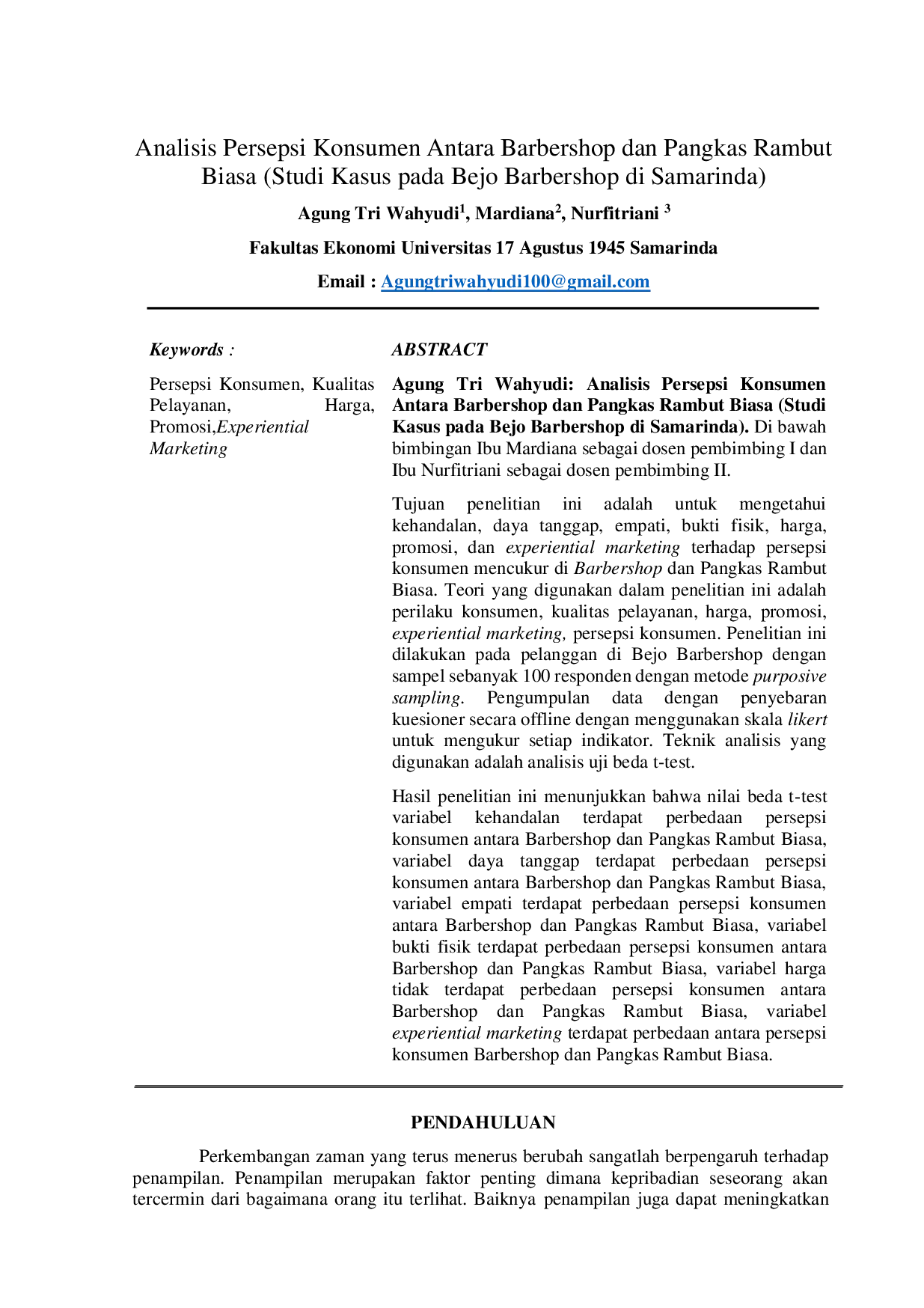 JURIS Analisis Persepsi Konsumen Antara Barbershop dan Pangkas Rambut Biasa Studi Kasus pada Bejo Barbershop di Samarinda