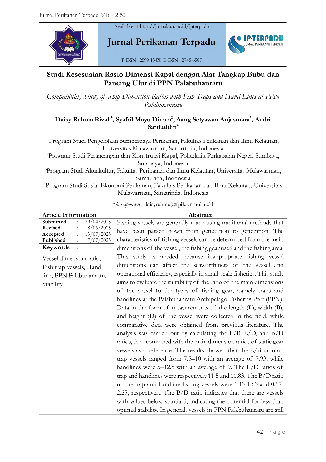 JURIS Studi Kesesuaian Rasio Dimensi Kapal dengan Alat Tangkap Bubu dan Pancing Ulur di PPN Palabuhanratu