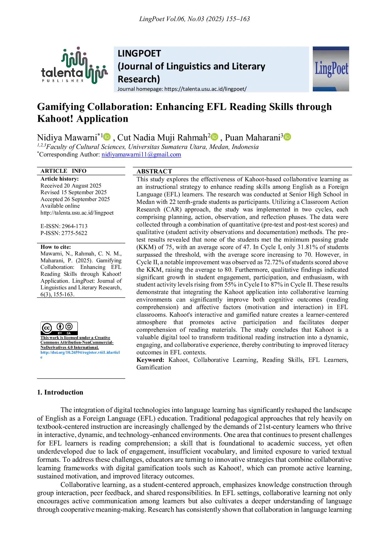 JURIS Gamifying Collaboration Enhancing EFL Reading Skills through Kahoot Application