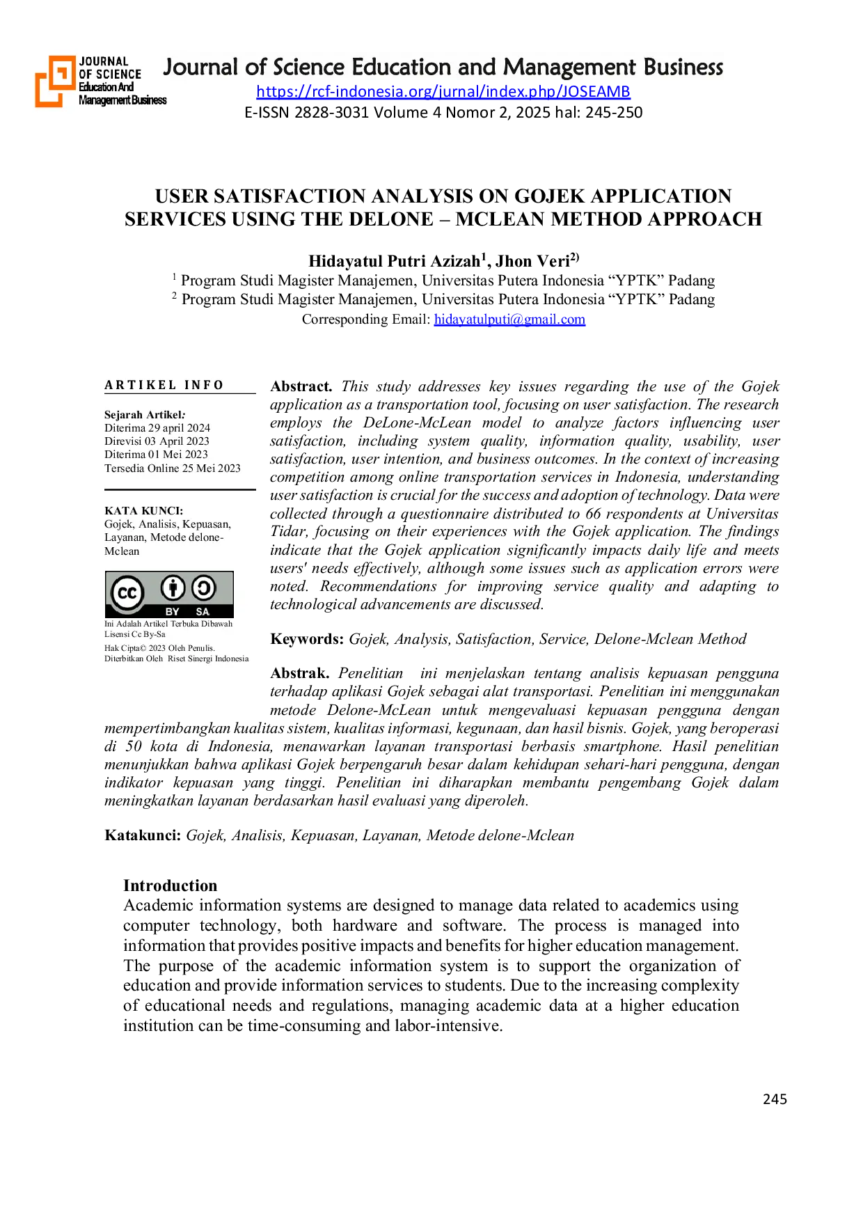 JURIS User Satisfaction Analysis On Gojek Application Services Using The Delone Mclean Method Approach