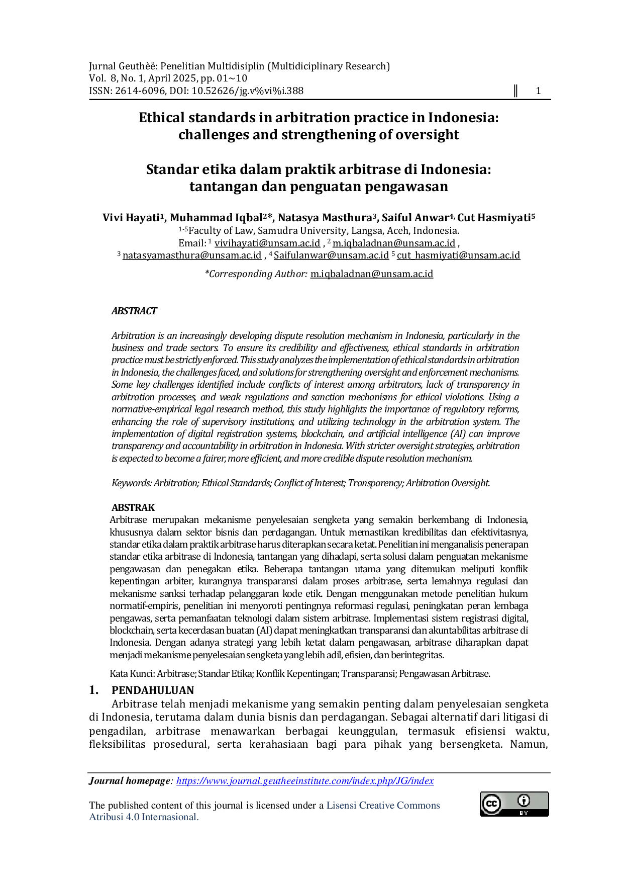 JURIS Ethical standards in arbitration practice in Indonesia Challenges and strengthening of oversight