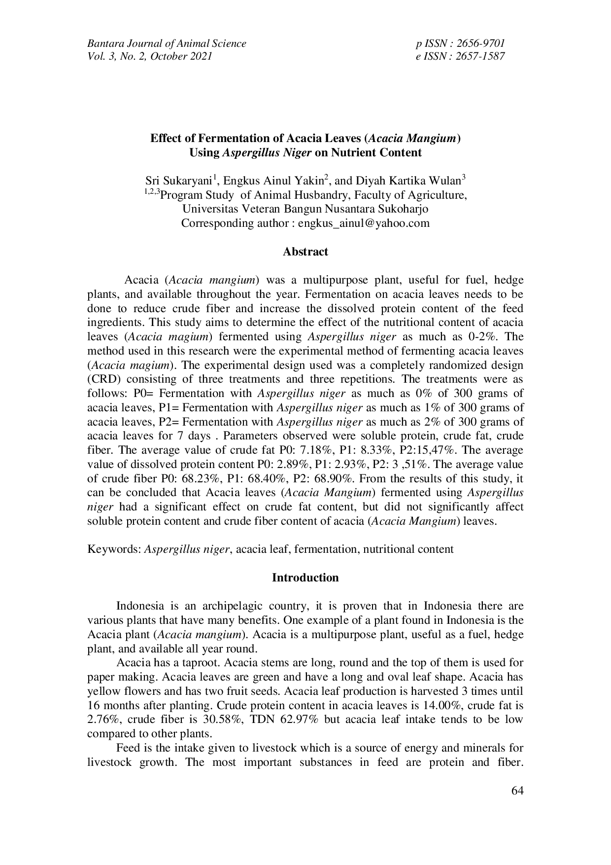 JURIS Effect of Fermentation of Acacia Leaves Acacia Mangium Using Aspergillus Niger on Nutrient Content