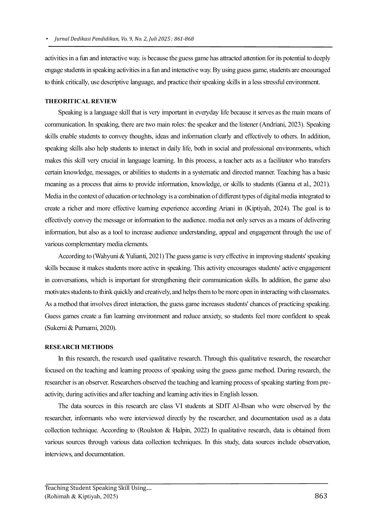 JURIS TEACHING STUDENT SPEAKING SKILLS USING THE GUESS GAME SDIT Al IHSAN