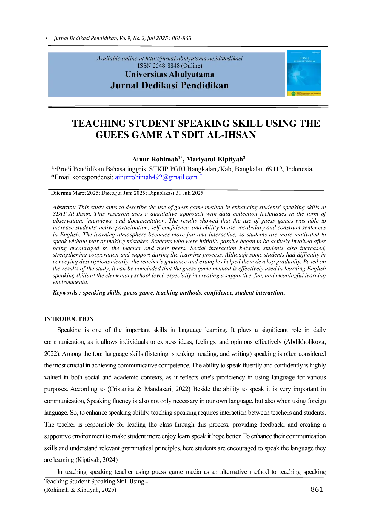 JURIS TEACHING STUDENT SPEAKING SKILLS USING THE GUESS GAME SDIT Al IHSAN