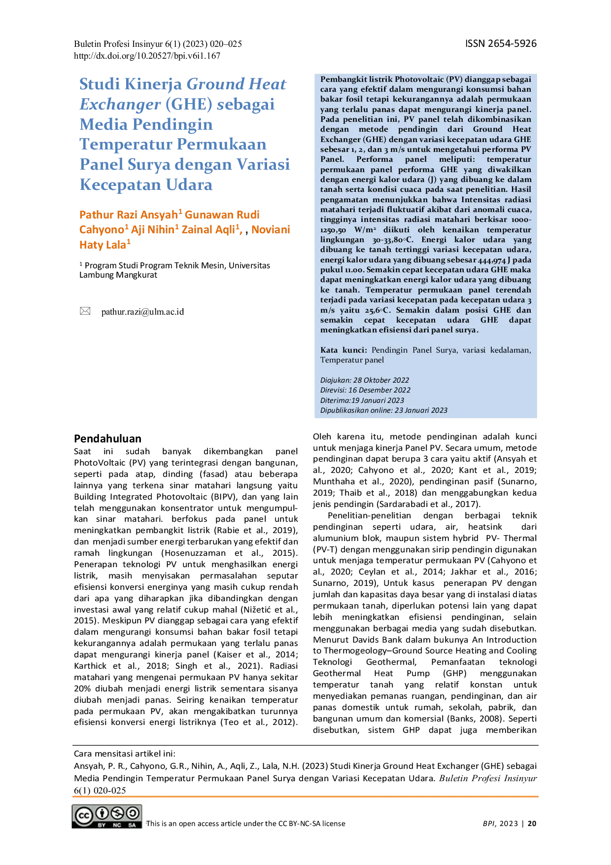 JURIS Studi Kinerja Ground Heat Exchanger GHE sebagai Media Pendingin Temperatur Permukaan Panel Surya dengan Variasi Kecepatan Udara