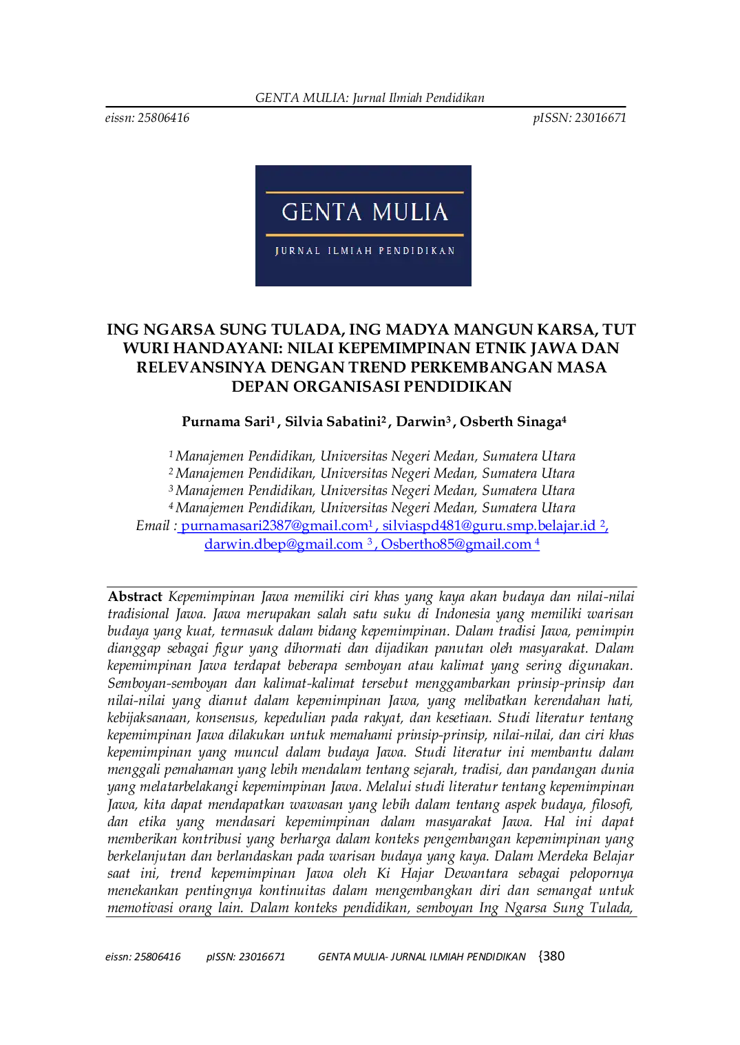 JURIS Ing Ngarsa Sung Tulada Ing Madya Mangun Karsa Tut Wuri Handayani Nilai Kepemimpinan Etnik Jawa Dan Relevansinya Dengan Trend Perkembangan Masa Depan Organisasi Pendidikan