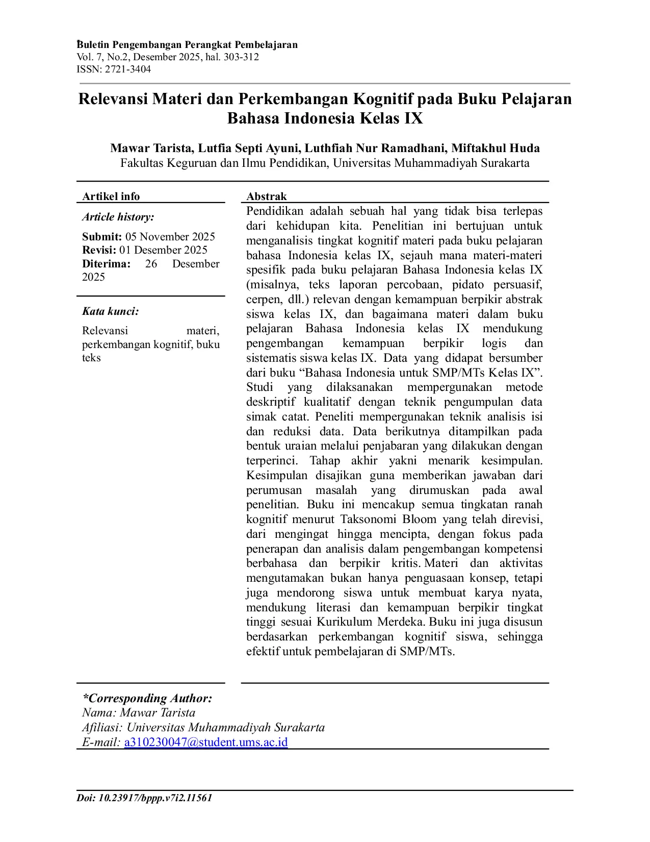 JURIS Relevansi Materi dan Perkembangan Kognitif pada Buku Pelajaran Bahasa Indonesia Kelas IX