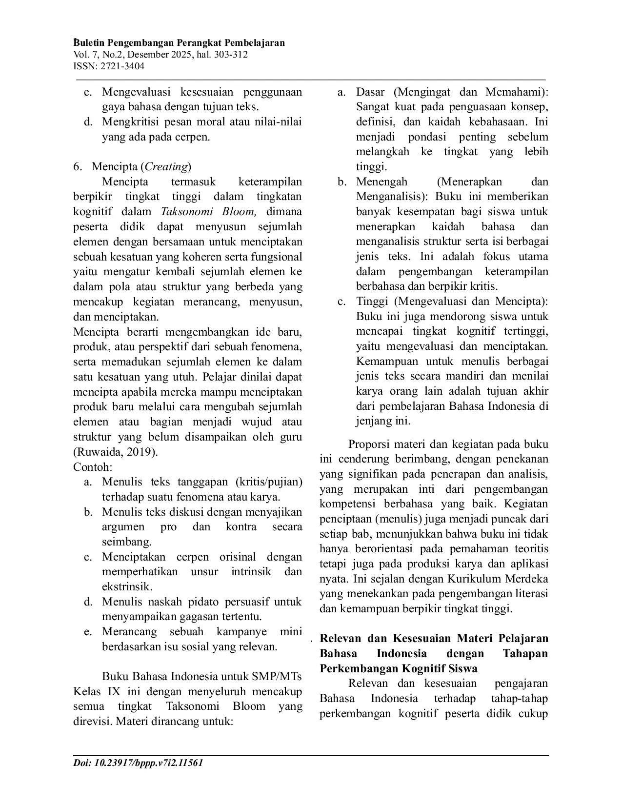 JURIS Relevansi Materi dan Perkembangan Kognitif pada Buku Pelajaran Bahasa Indonesia Kelas IX