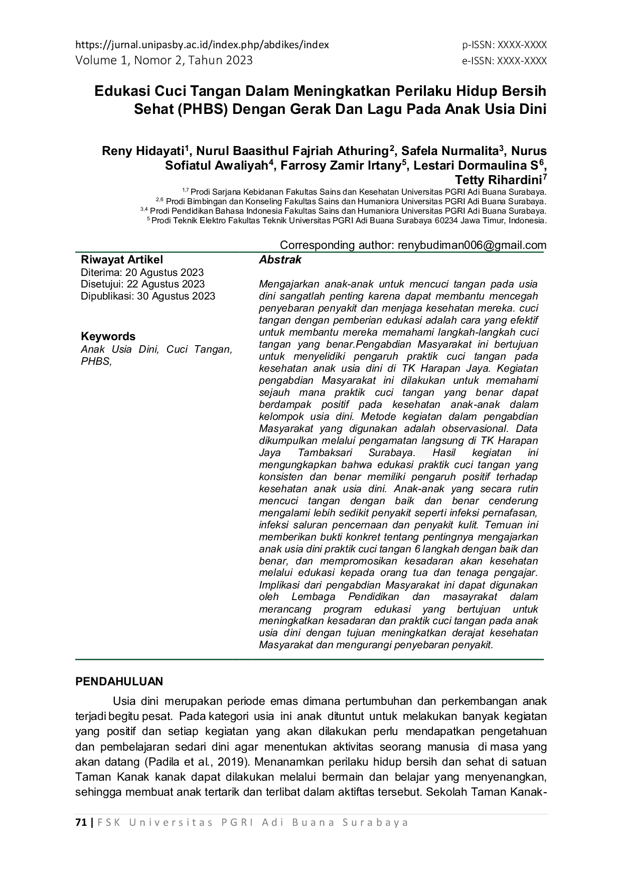 JURIS Edukasi Cuci Tangan Dalam Meningkatkan Perilaku Hidup Bersih Sehat PHBS Dengan Gerak Dan Lagu Pada Anak Usia Dini