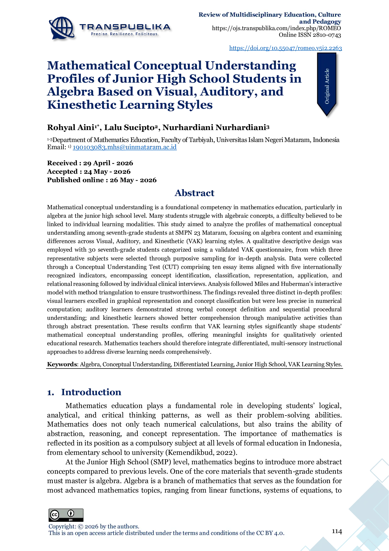 JURIS Mathematical Conceptual Understanding Profiles of Junior High School Students in Algebra Based on Visual Auditory and Kinesthetic Learning Styles