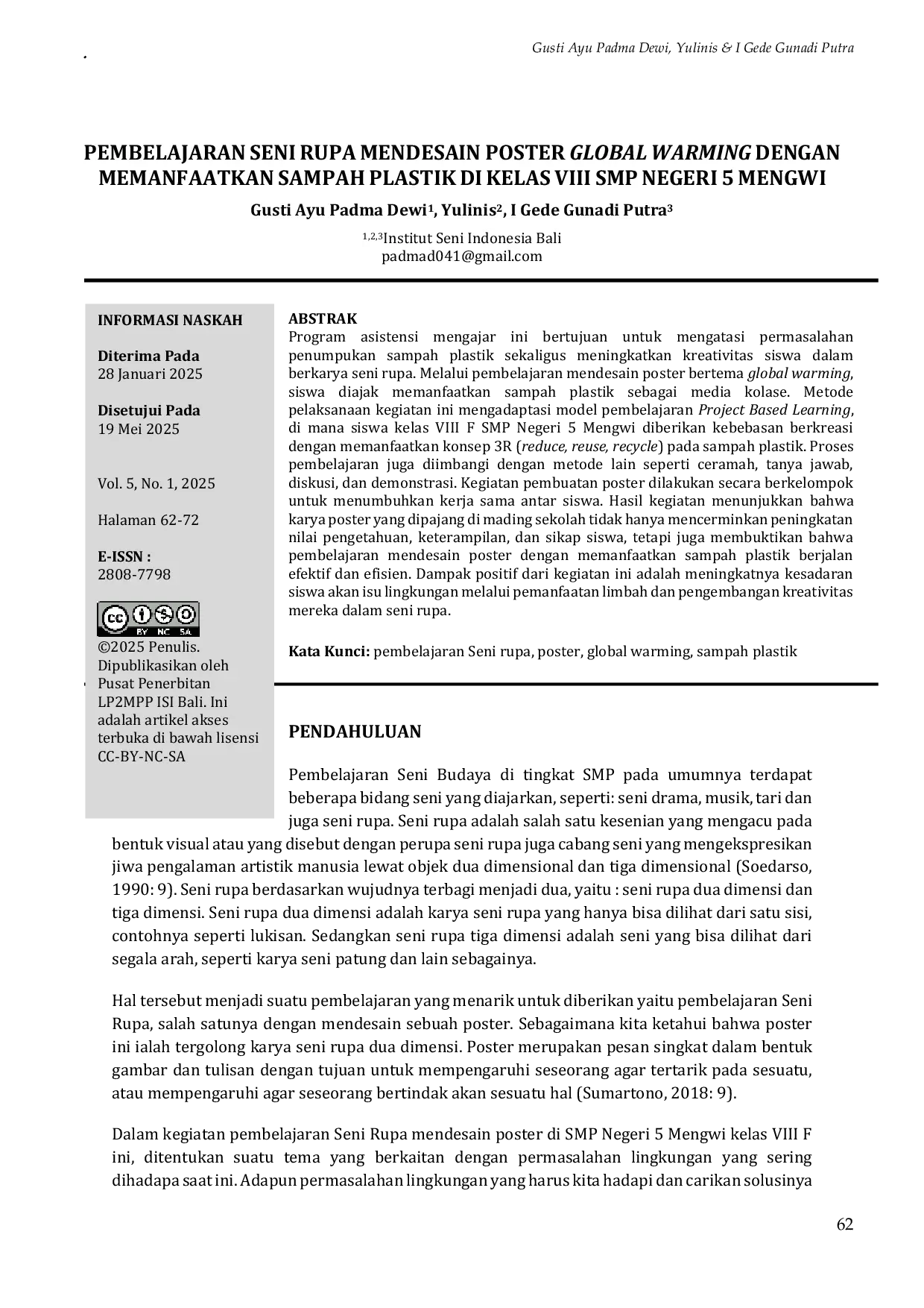 JURIS Pembelajaran Seni Rupa Mendesain Poster Global Warming dengan Memanfaatkan Sampah Plastik di Kelas VIII SMP Negeri 5 Mengwi