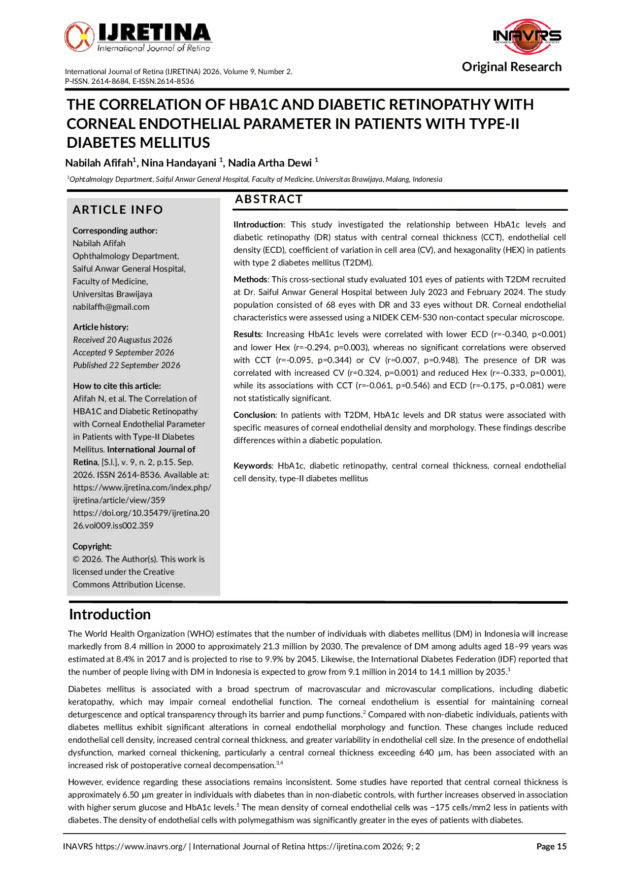 JURIS The Correlation of Hba1c and Diabetic Retinopathy with Corneal Endothelial Parameter in Patients with Type Ii Diabetes Mellitus