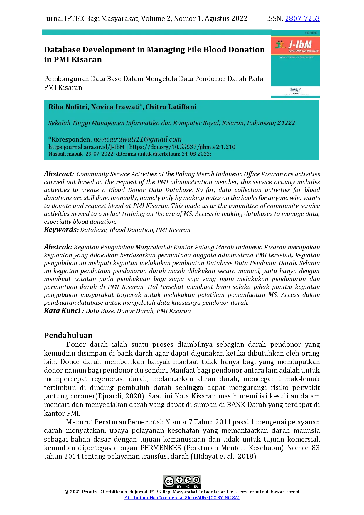 juris Database Development in Managing File Blood Donation in PMI Kisaran