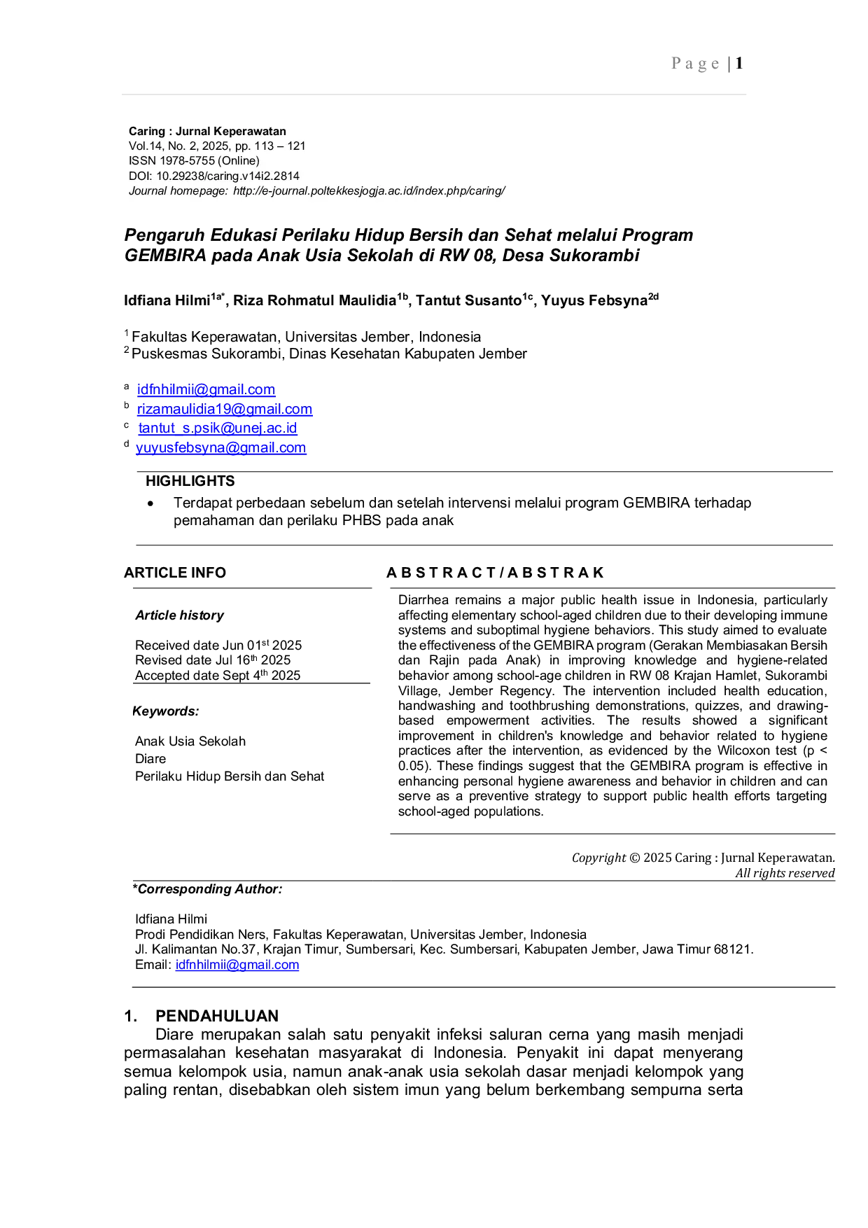 JURIS Pengaruh Edukasi Perilaku Hidup Bersih dan Sehat melalui Program GEMBIRA pada Anak Usia Sekolah di RW 08 Desa Sukorambi Jember