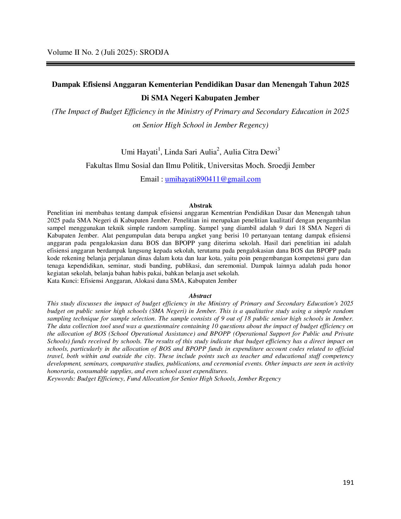 JURIS Dampak Efisiensi Anggaran Kementerian Pendidikan Dasar dan Menengah Tahun 2025 Di SMA Negeri Kabupaten Jember