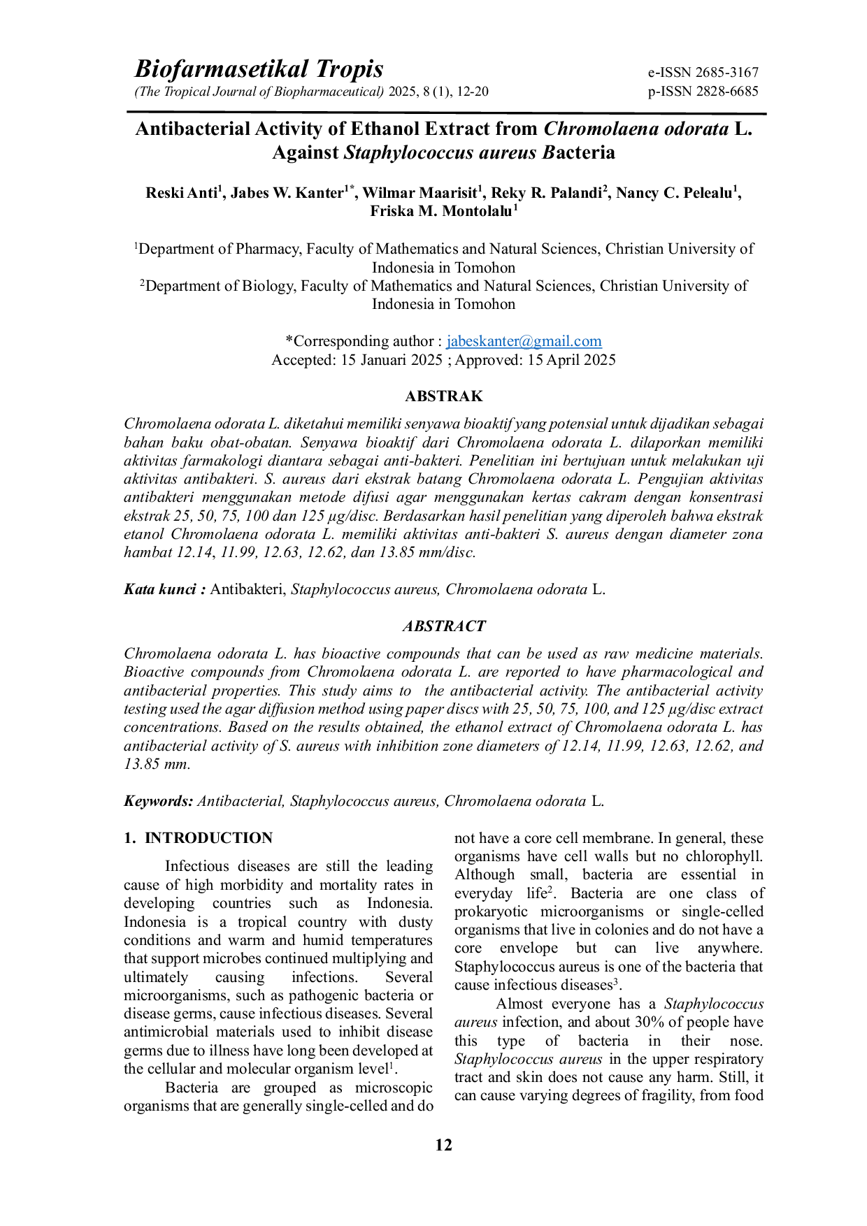 JURIS Antibacterial Activity of Ethanol Extract from Chromolaena odorata L Against Staphylococcus aureus Bacteria