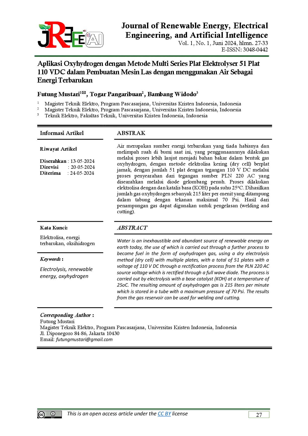 juris Aplikasi Oxyhydrogen dengan Metode Multi Series Plat Elektrolyser 51 Plat 110 VDC dalam Pembuatan Mesin Las dengan menggunakan Air Sebagai Energi Terbarukan