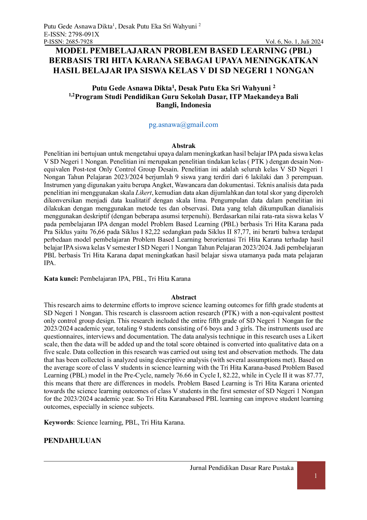 JURIS Model Pembelajaran Problem Based Learning Pbl Berbasis Tri Hita Karana Sebagai Upaya Meningkatkan Hasil Belajar Ipa Siswa Kelas V Di Sd Negeri 1 Nongan