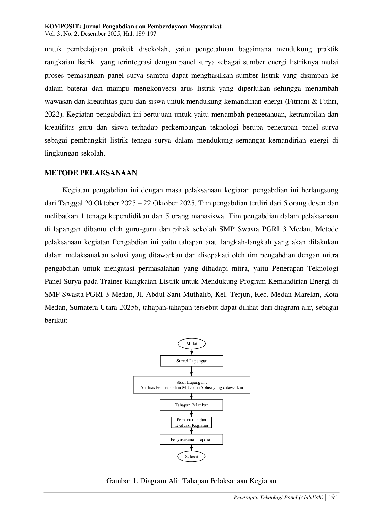 JURIS Penerapan Teknologi Panel Surya pada Trainer Rangkaian Listrik untuk Mendukung Program Kemandirian Energi di SMP Swasta PGRI 3 Medan