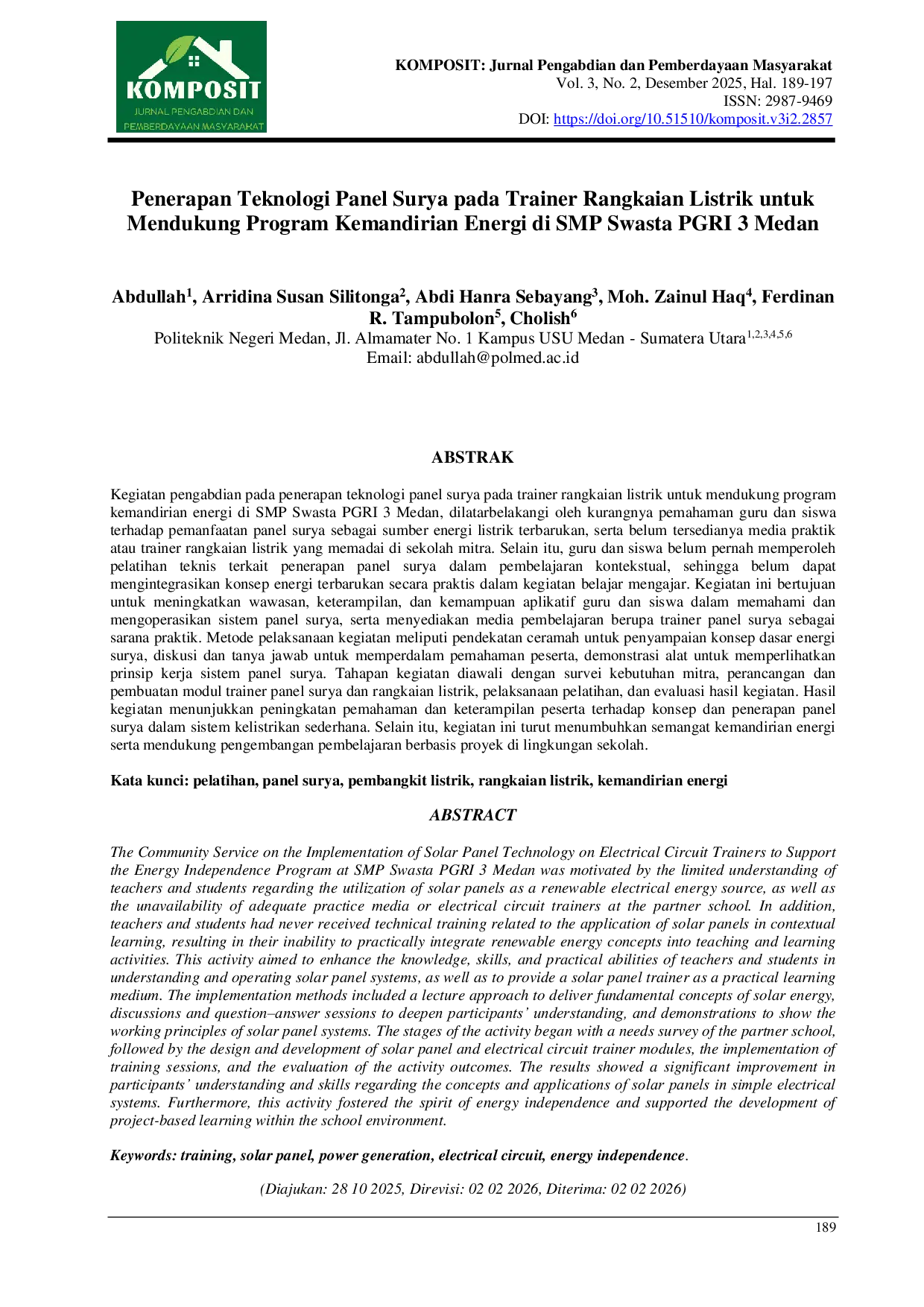 JURIS Penerapan Teknologi Panel Surya pada Trainer Rangkaian Listrik untuk Mendukung Program Kemandirian Energi di SMP Swasta PGRI 3 Medan