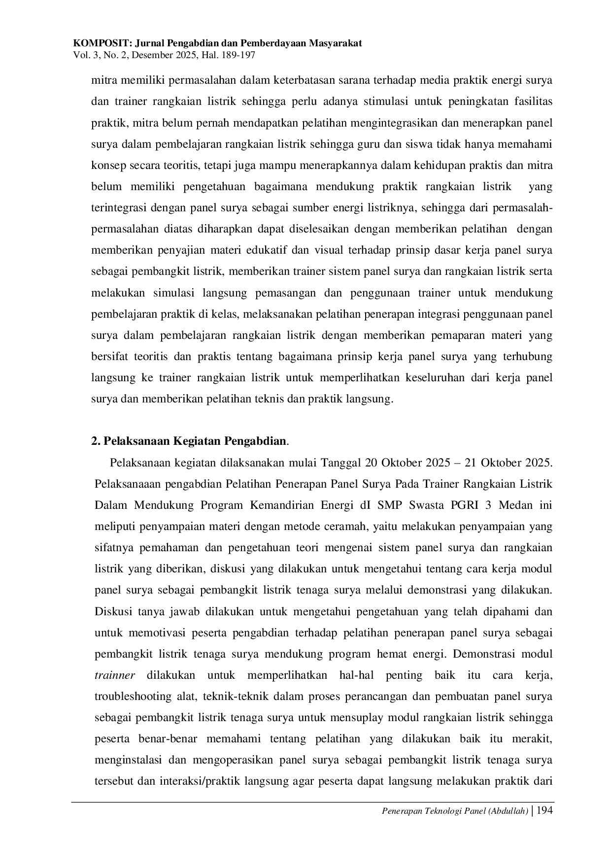 JURIS Penerapan Teknologi Panel Surya pada Trainer Rangkaian Listrik untuk Mendukung Program Kemandirian Energi di SMP Swasta PGRI 3 Medan