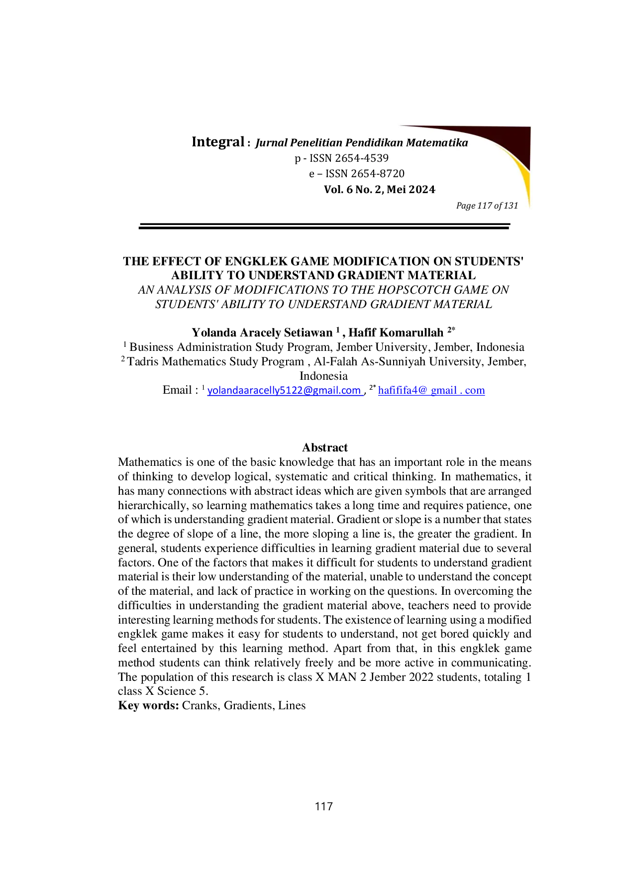 JURIS The Effect Of Engklek Game Modification On Students Ability To Understand Gradient Material