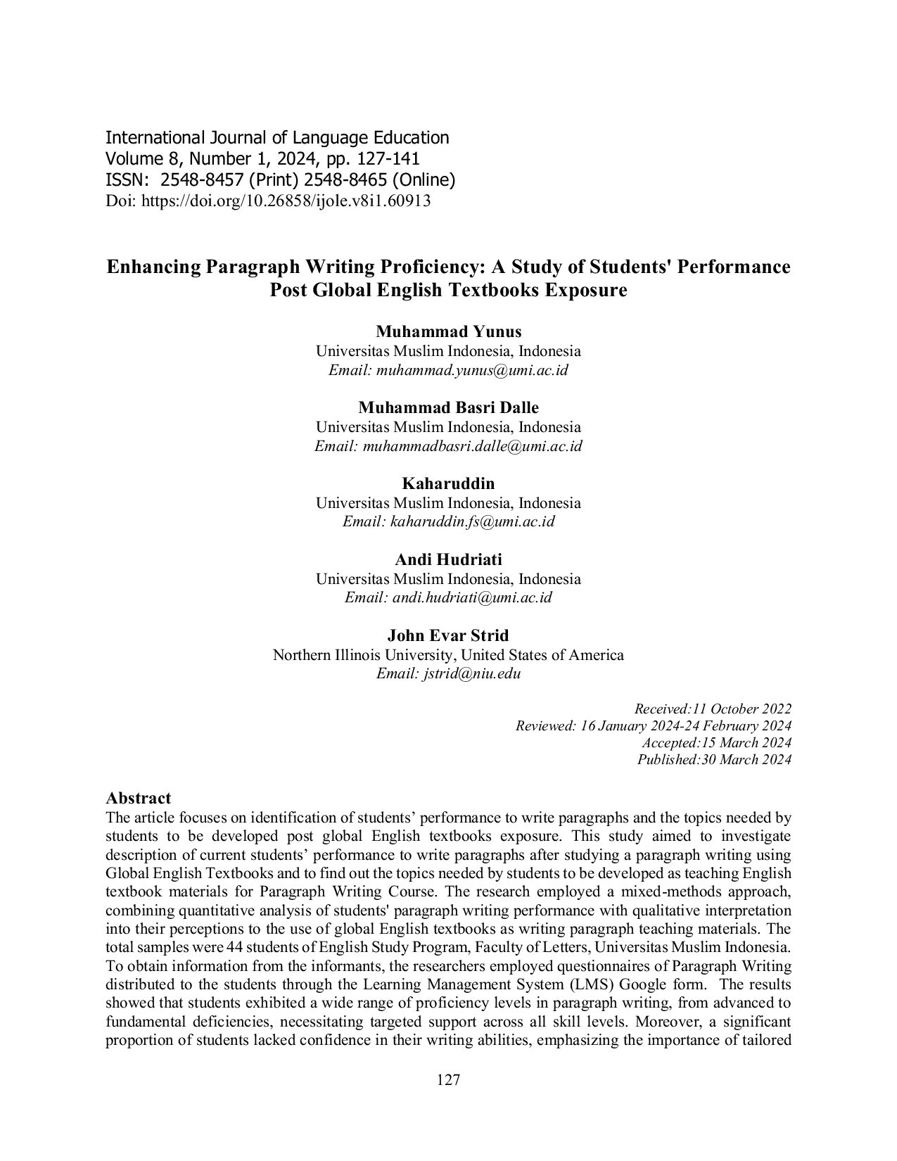 JURIS Enhancing Paragraph Writing Proficiency A Study of Students Performance Post Global English Textbooks Exposure