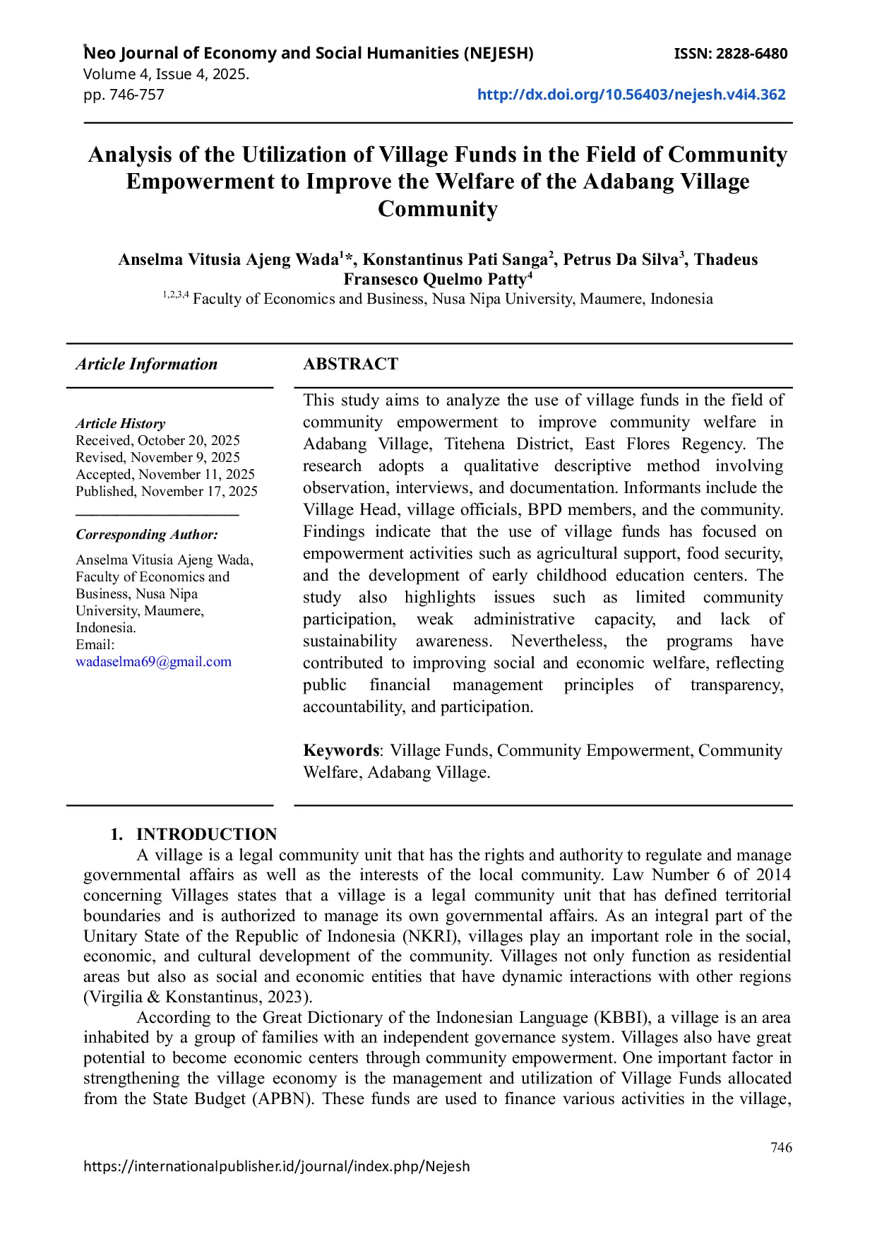JURIS Analysis of the Utilization of Village Funds in the Field of Community Empowerment to Improve the Welfare of the Adabang Village Community