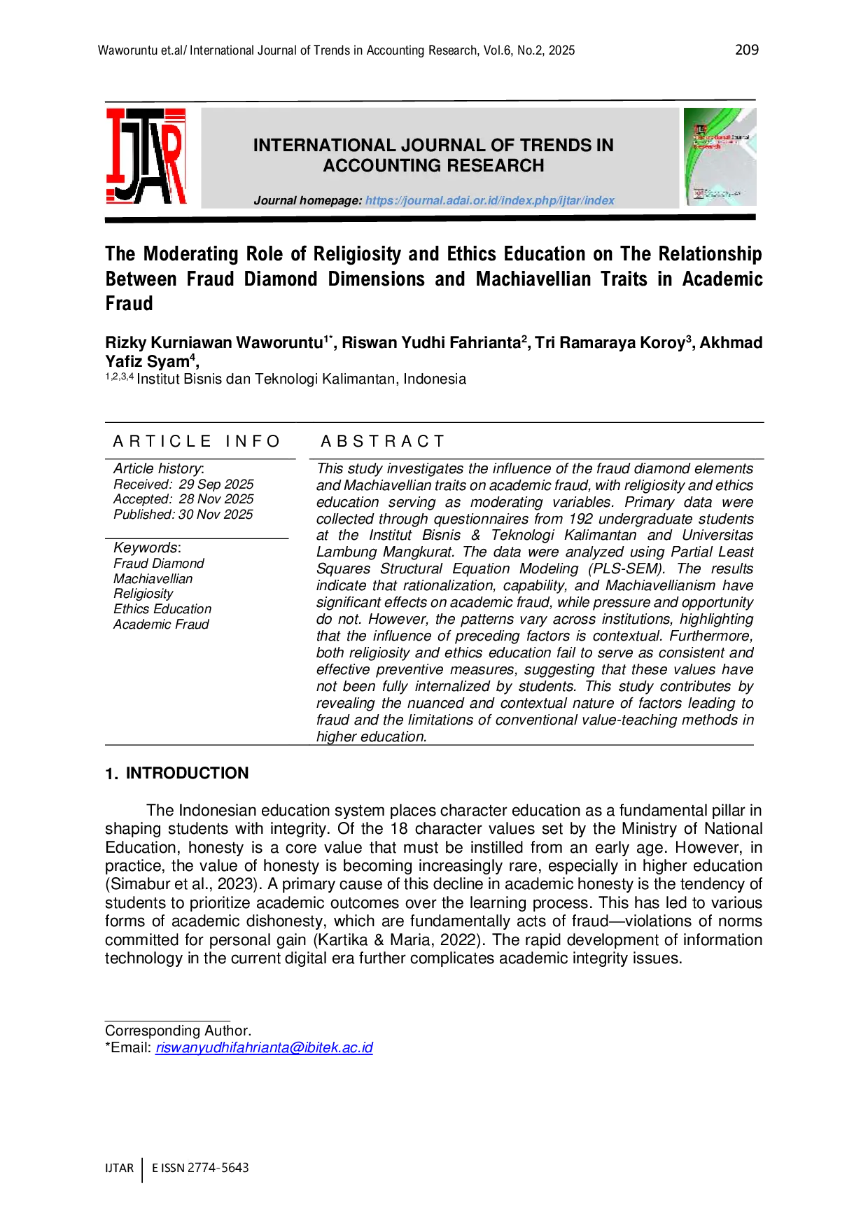 JURIS The Moderating Role of Religiosity and Ethics Education on The Relationship Between Fraud Diamond Dimensions and Machiavellian Traits in Academic Fraud