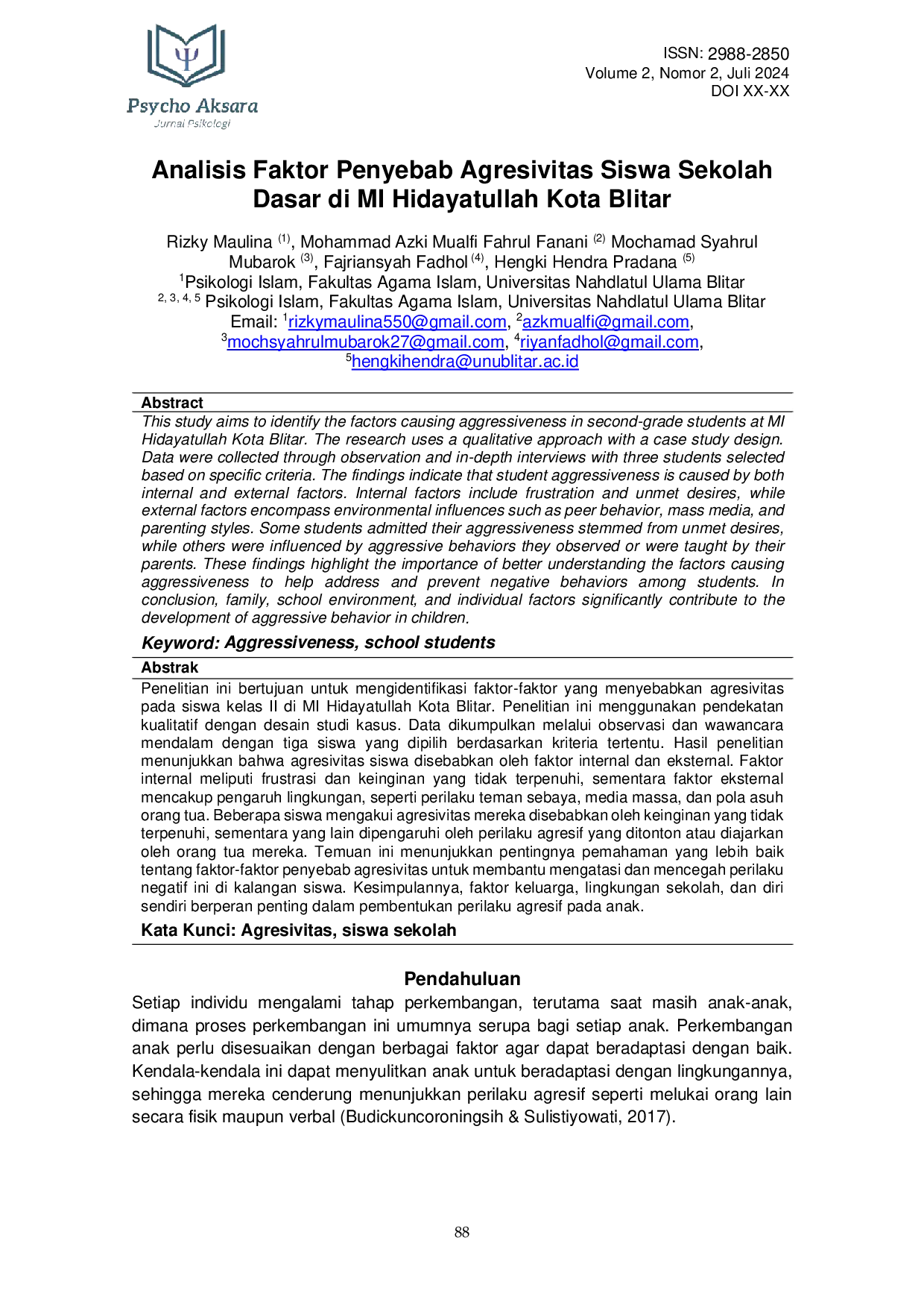 JURIS Analisis Faktor Penyebab Agresivitas Siswa Sekolah Dasar di MI Hidayatullah Kota Blitar