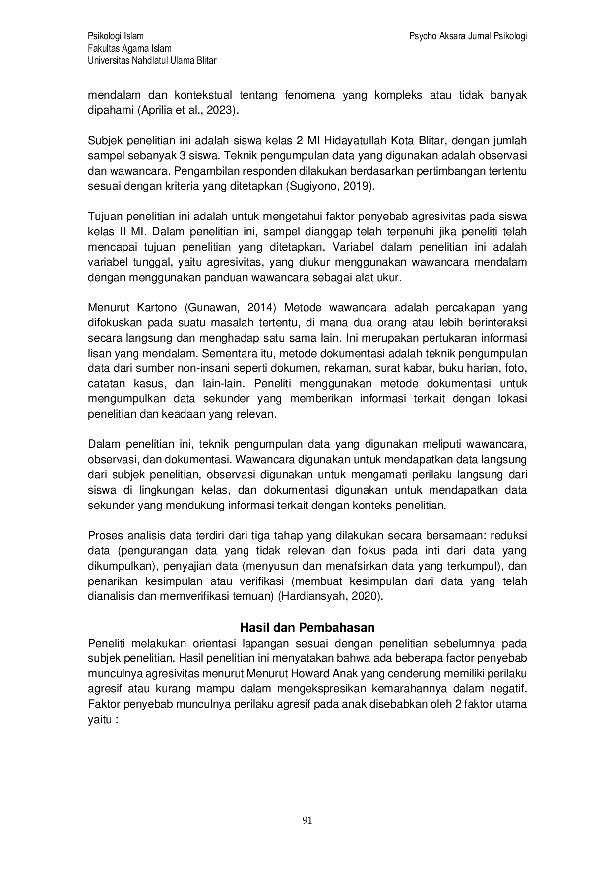 JURIS Analisis Faktor Penyebab Agresivitas Siswa Sekolah Dasar di MI Hidayatullah Kota Blitar