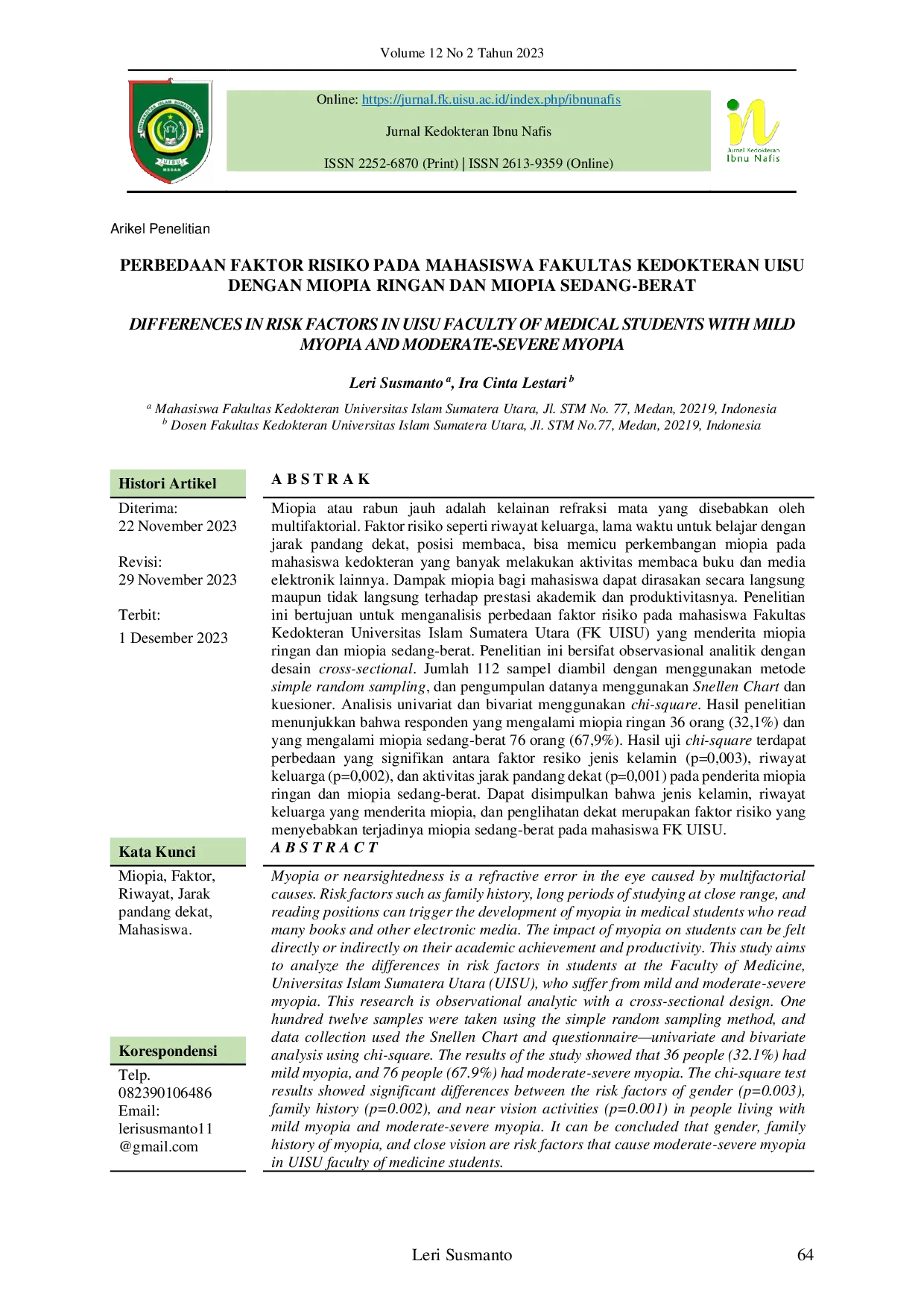 JURIS Perbedaan Faktor Risiko Pada Mahasiswa Fakultas Kedokteran Uisu Dengan Miopia Ringan Dan Miopia Sedang Berat